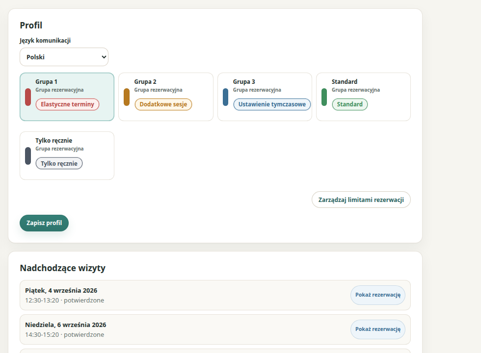 Profil pacjenta w Theravo z przypisaniem do grupy rezerwacyjnej i indywidualną kontrolą rezerwacji online.