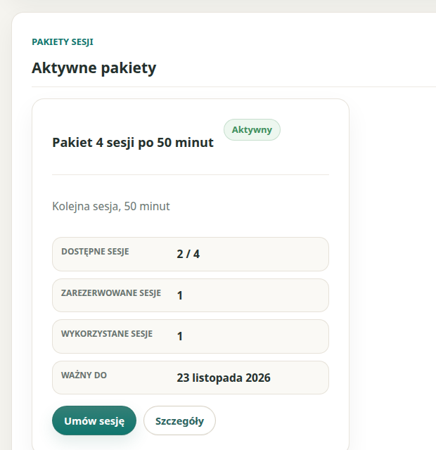 Portal pacjenta Theravo z aktywnym pakietem 4 sesji oraz sesjami dostępnymi, zarezerwowanymi i wykorzystanymi.