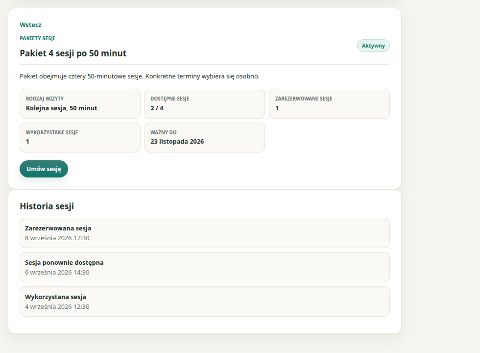 Portal pacjenta Theravo pokazujący status pakietu 4 sesji.