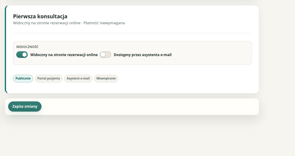 Kanały rezerwacji publicznej, portalu pacjenta, Asystenta e-mail i dostępu wewnętrznego.