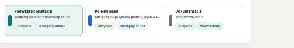 Lista rodzajów wizyt w Theravo: pierwsza konsultacja, kolejna wizyta i termin wewnętrzny.