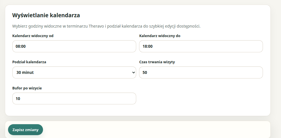 Ustawienia godzin widocznych w kalendarzu, podziału, domyślnego czasu i buforu.
