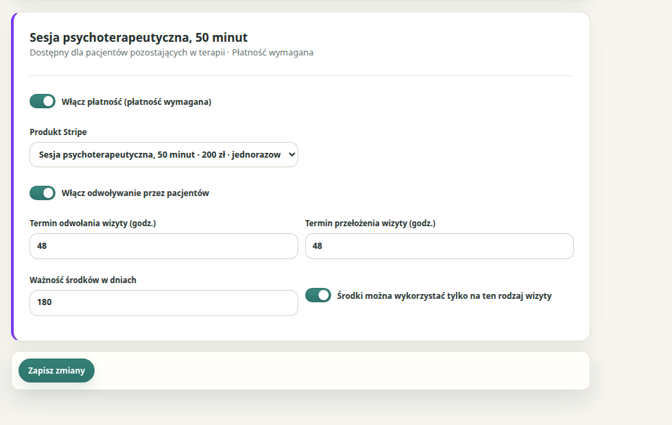 Rodzaj wizyty z ceną, walutą, ceną Stripe i włączoną płatnością przed potwierdzeniem.