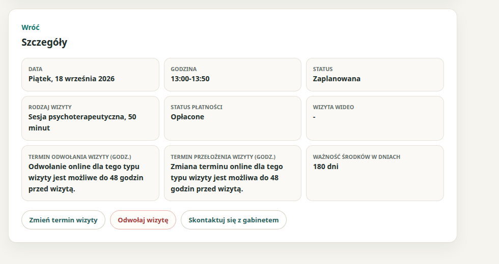 Portal pacjenta ze statusem płatności za pojedynczą wizytę.