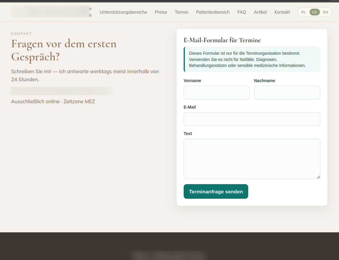 Formular für Terminanfragen auf einer psychotherapeutischen Praxiswebsite.