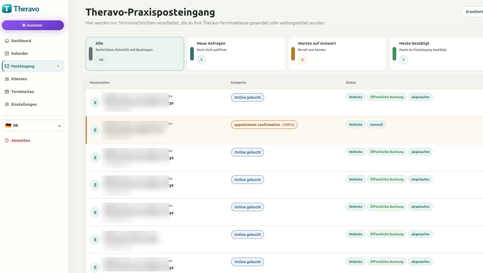 Theravo Praxisposteingang mit Terminanfragen für eine psychotherapeutische Praxis.