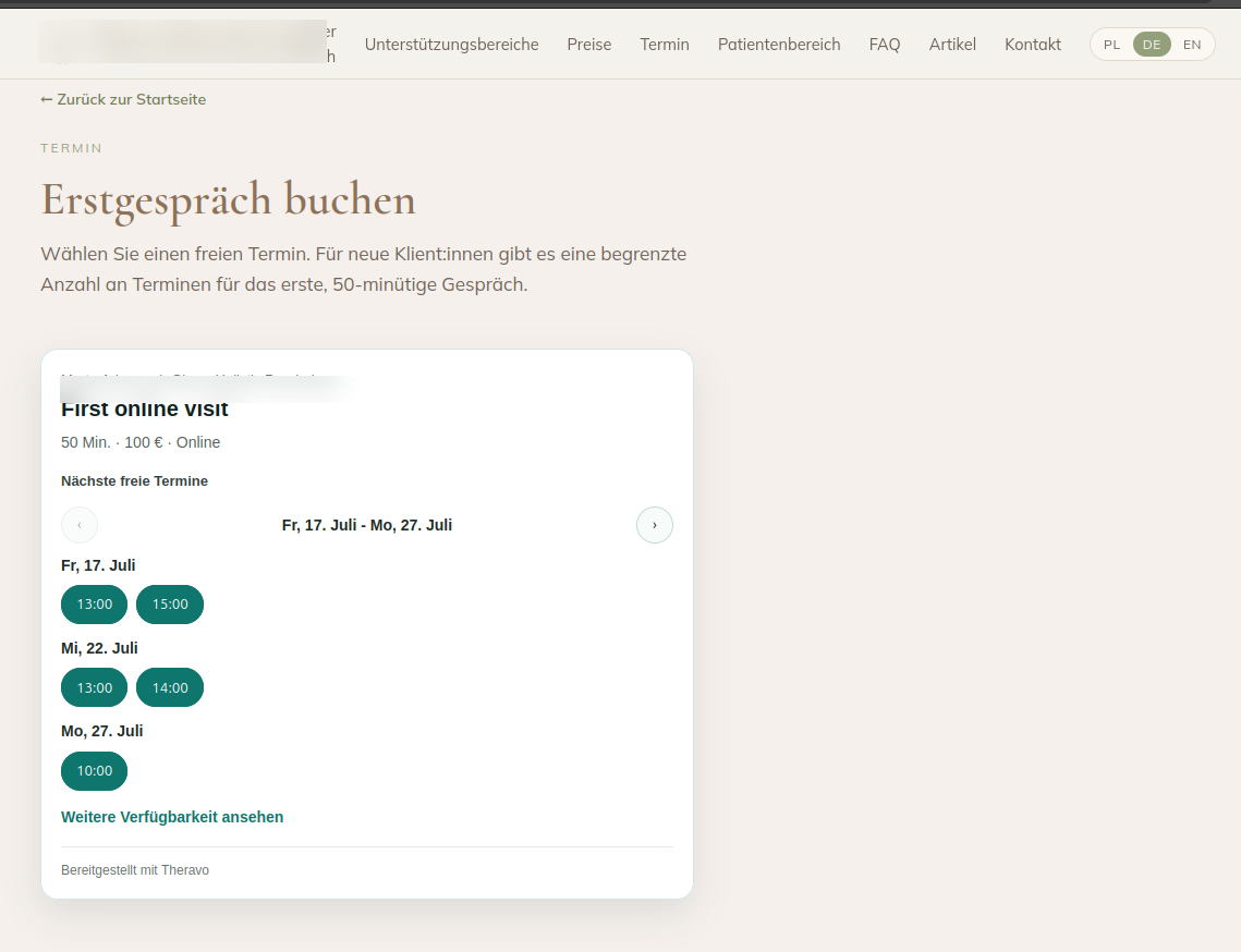 Theravo-Buchungswidget mit verfügbaren Online-Terminen für eine psychotherapeutische Praxis.