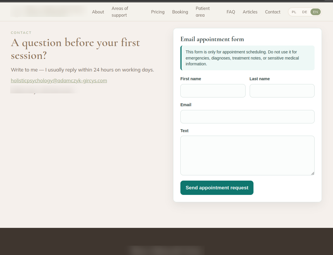 Appointment request form for a psychotherapy practice website.