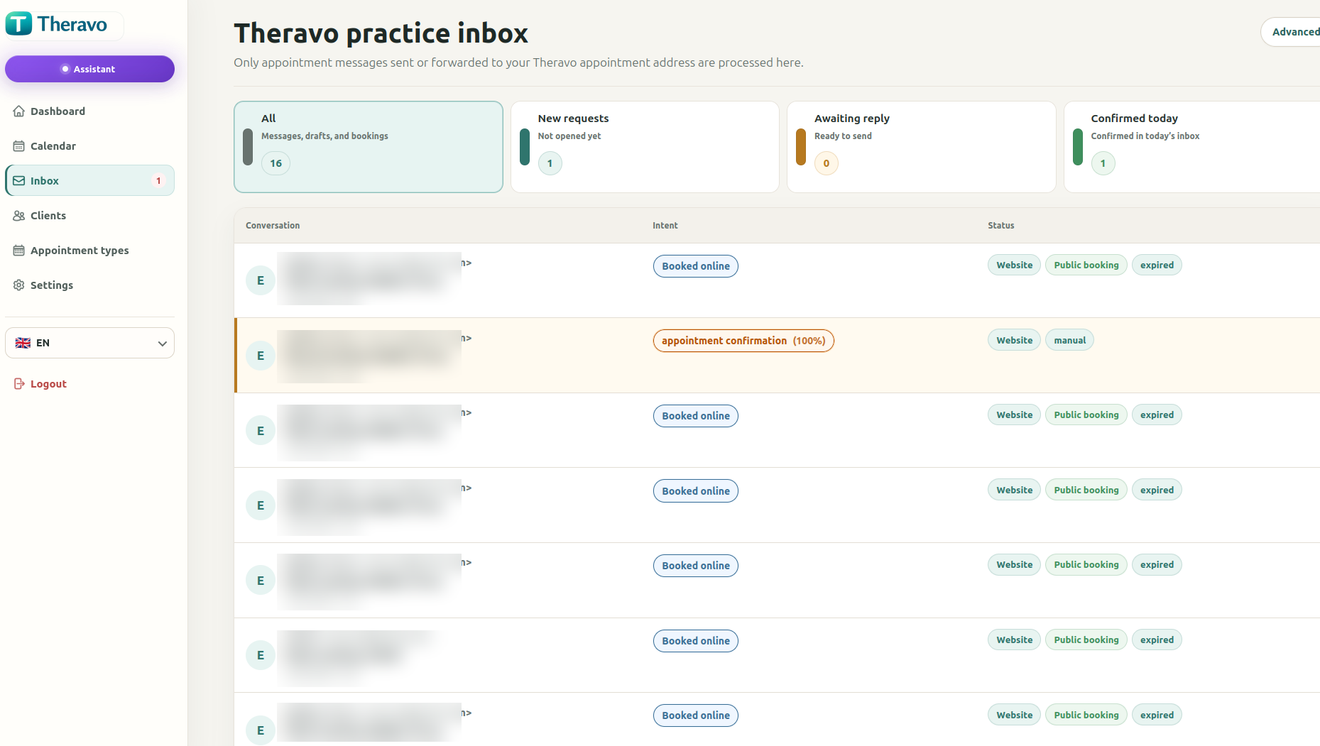 Theravo practice inbox showing appointment requests for a psychotherapy practice.