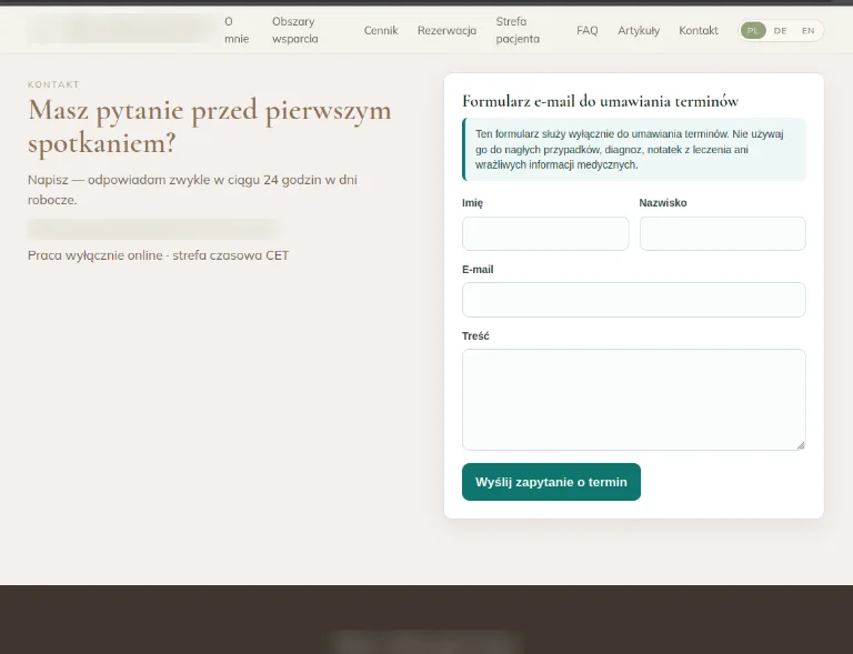 Formularz zapytania o termin na stronie gabinetu psychoterapii.