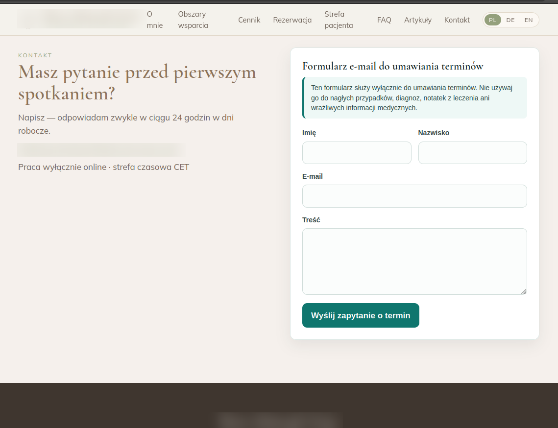 Formularz zapytania o termin na stronie gabinetu psychoterapii.