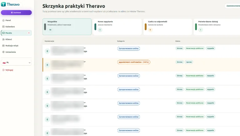 Skrzynka gabinetu Theravo z zapytaniami o wizyty dla gabinetu psychoterapii.